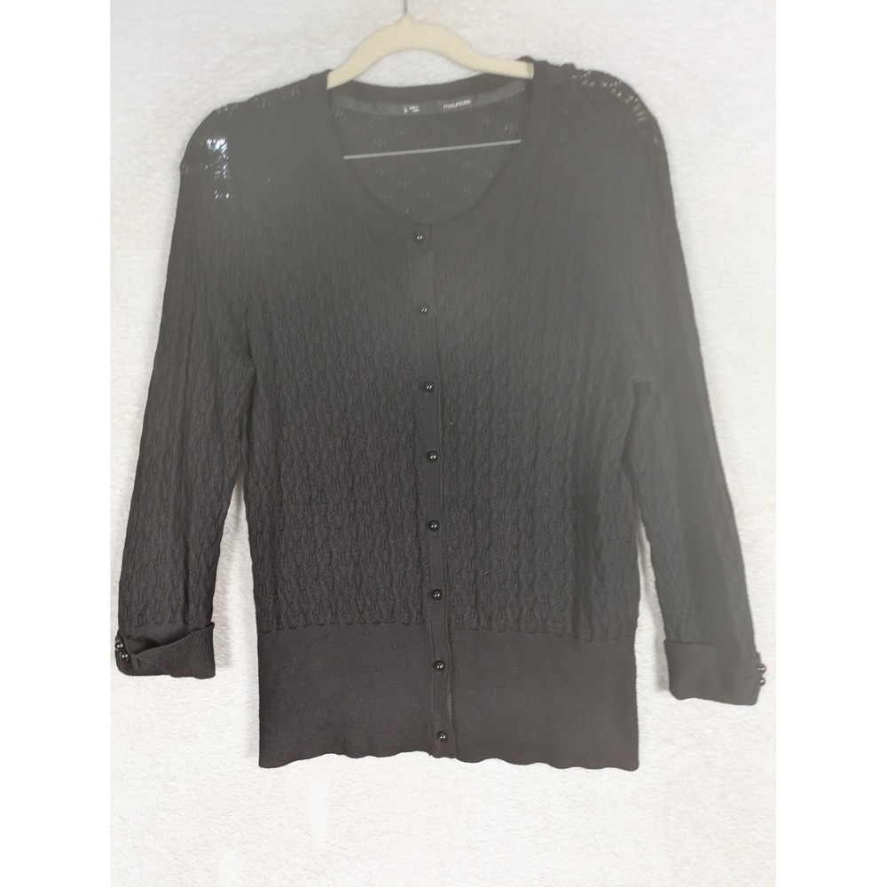 Maurices Cardigan Women's Large Black Pointelle Knit Button Front 3/4 Sleeve